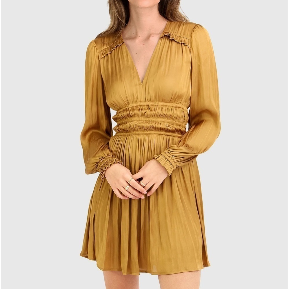 MAJE Rianne satin smocked with ruffle detailing mini dress